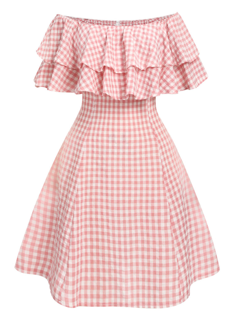 Pink 1950s Plaid Cotton Off-Shoulder Dress, vintage dress, retro fashion, rockabilly, pin-up fashion - perfect for women who love vintage and retro fashion