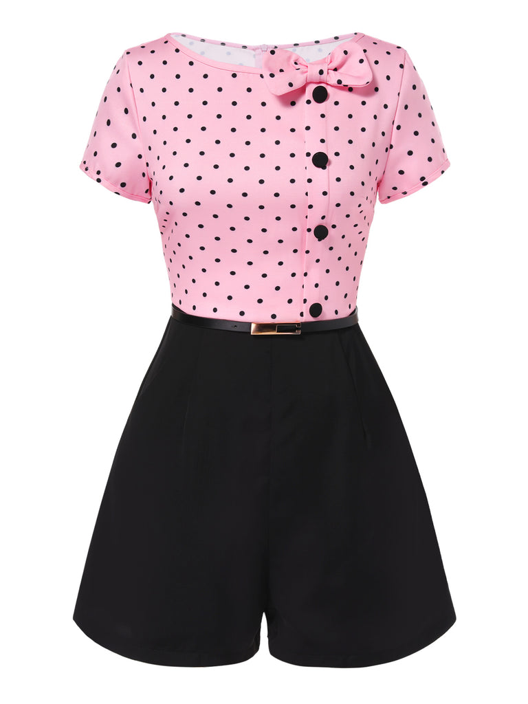 This Pink 1950s Polka Dot Bow Romper whispers 1950s secrets to those who notice