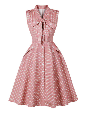 Pink 1950s Polka Dot Tie Bow Swing Dress, vintage dress, retro fashion, rockabilly, pin-up fashion - perfect for women who love vintage and retro fashion