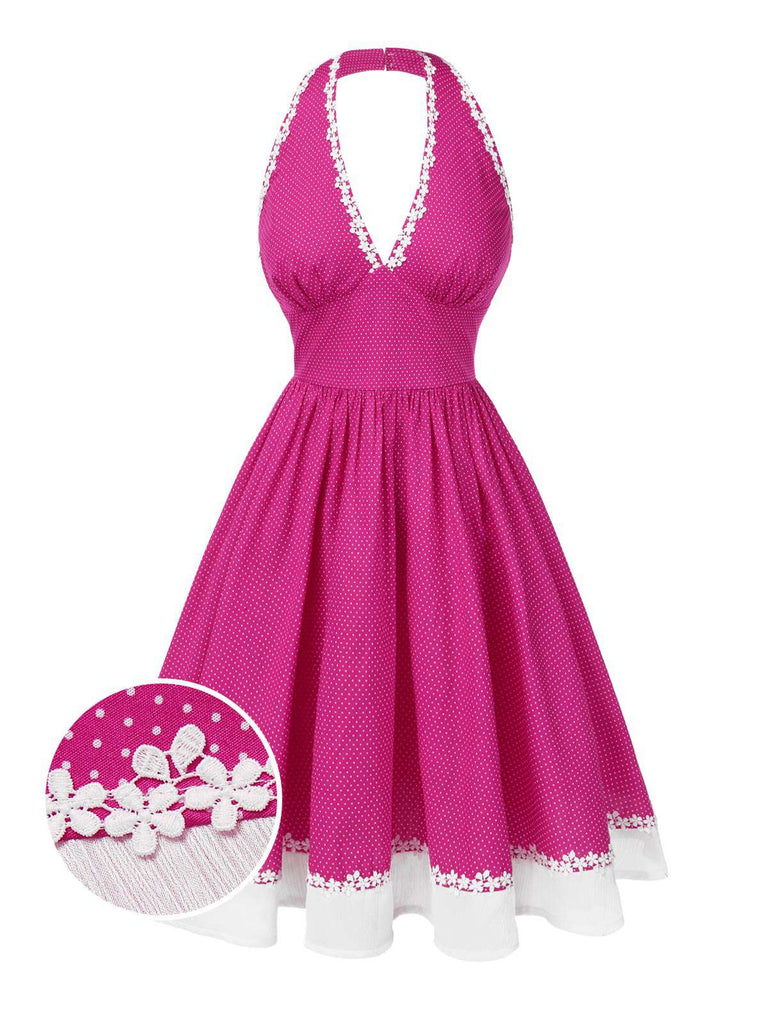 This Pink 1950s Polka Dots Halter Cotton Dress wraps her in 1950s elegance, one twirl at a time