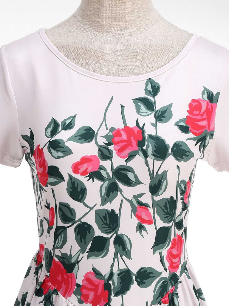 Pink 1950s Rose & Green Leaf Swing Dress: beautiful vintage dress, retro fashion, elegant style with timeless appeal