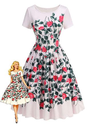 Floral dress with red roses on a white background