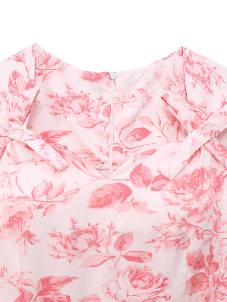 Pink 1950s Roses Sweetheart Neck Swing Dress - vintage dress, retro fashion, rockabilly