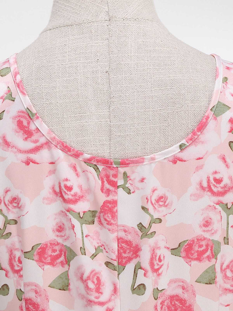 Pink 1950s Round Neck Roses Belted Dress - vintage dress, retro fashion, rockabilly