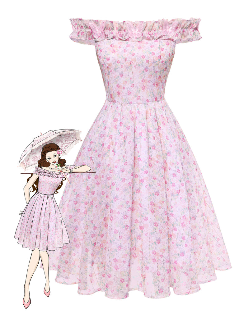 Pink 1950s Ruffled Off-Shoulder Floral Dress - vintage dress, retro fashion, rockabilly