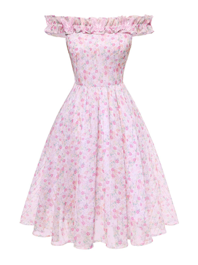 Pink 1950s Ruffled Off-Shoulder Floral Dress - vintage dress, retro fashion, rockabilly