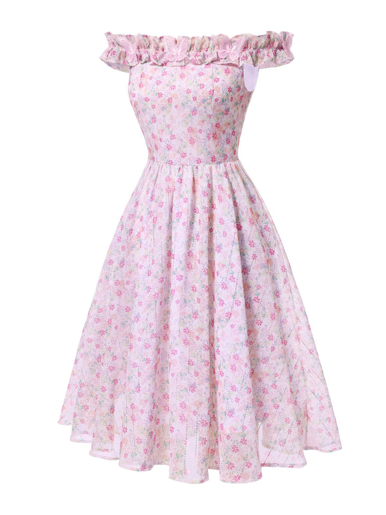 Pink 1950s Ruffled Off-Shoulder Floral Dress - vintage dress, retro fashion, rockabilly