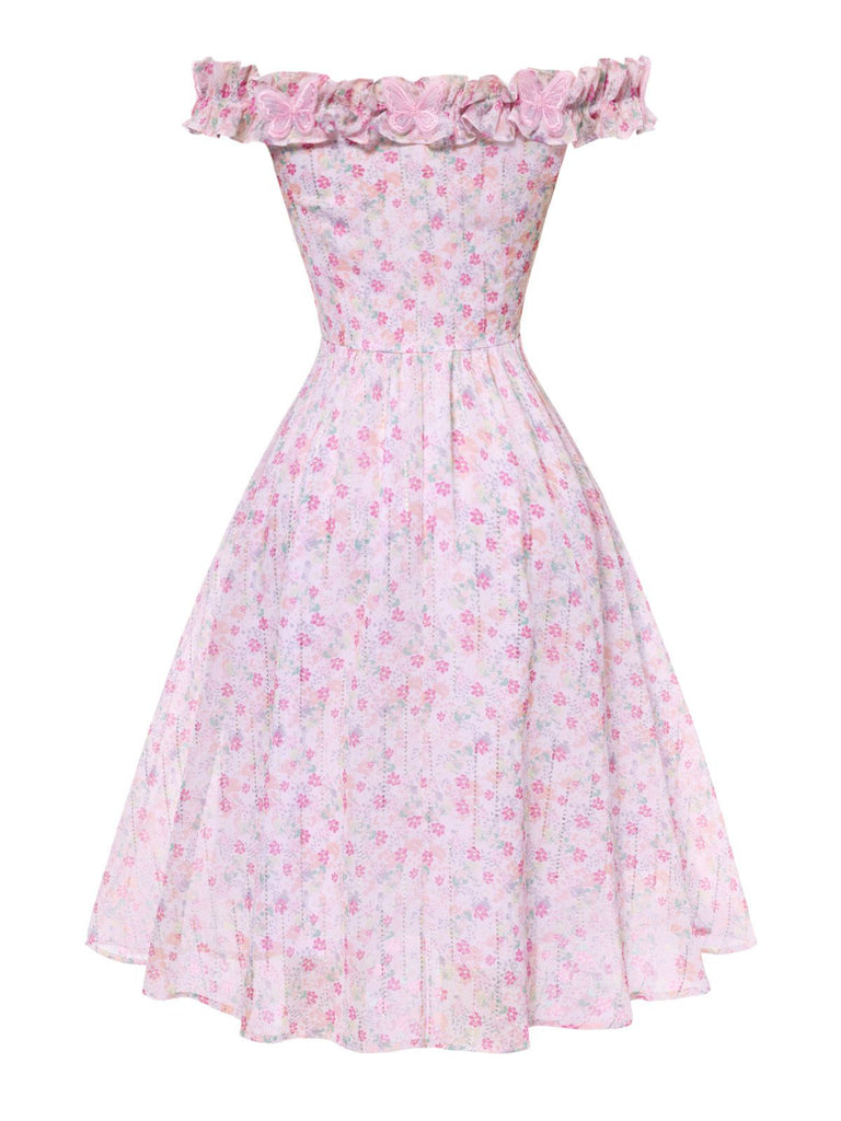 Pink 1950s Ruffled Off-Shoulder Floral Dress - vintage dress, retro fashion, rockabilly