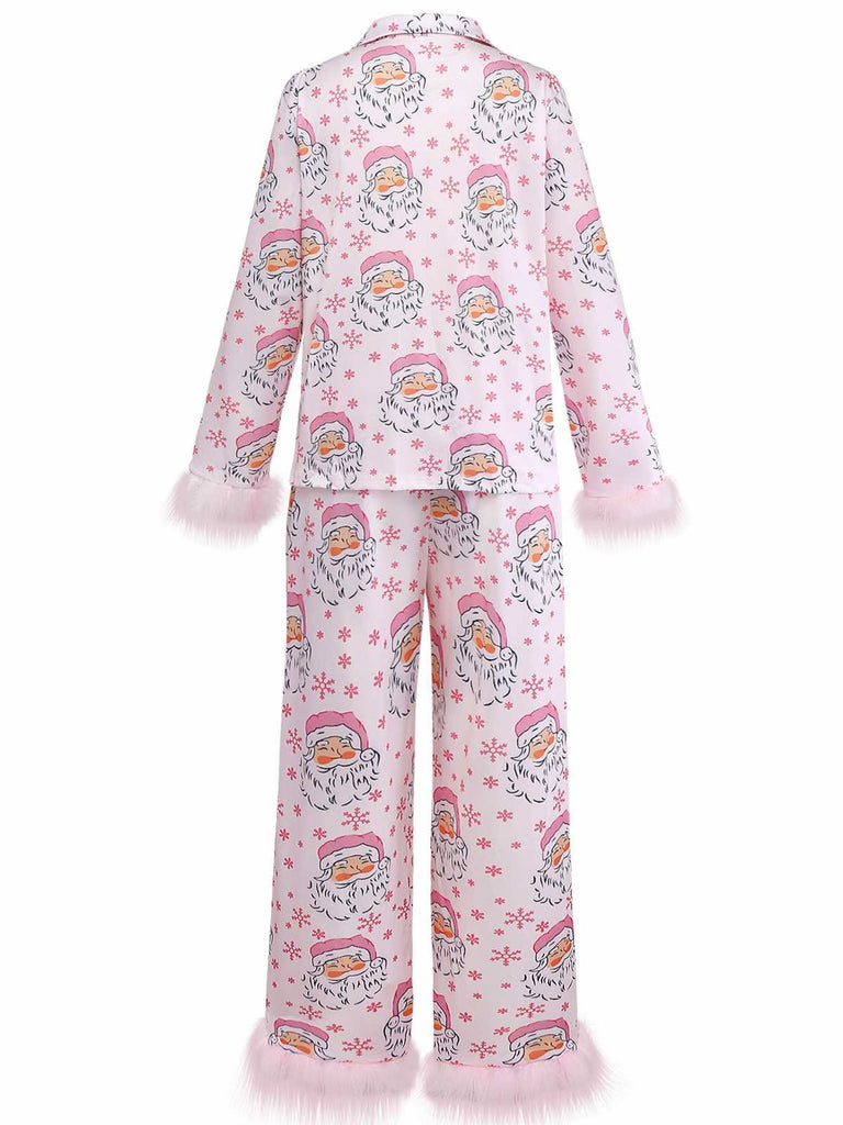 Pink 1950s Santa Print Fur Trim Pajama Set - vintage fashion, retro style