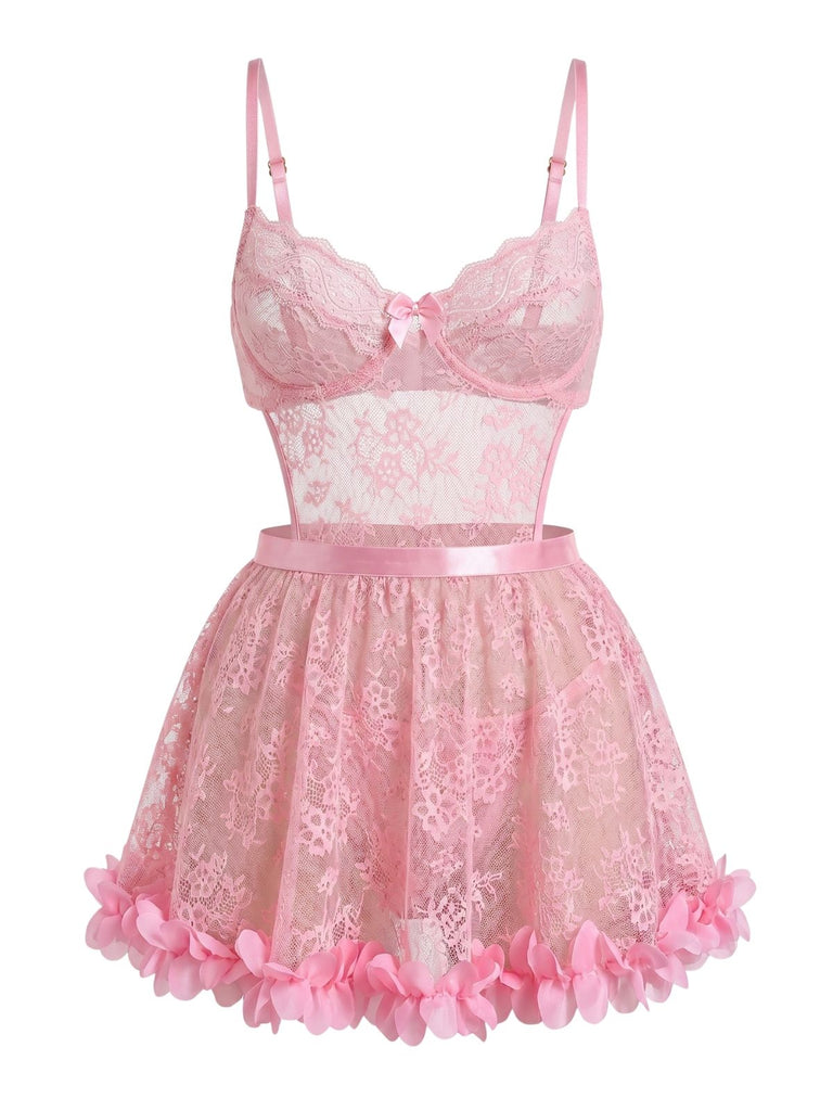 Pink-1950s-Sheer-Floral-Lace-3D-Petal-Babydoll-Lingerie, vintage, retro, floral print