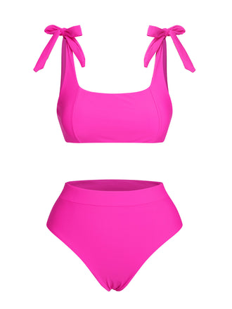 Pink 1950s Solid Shoulder Tie BIkini Set, vintage swimsuit, pin-up swimwear - perfect for women who love vintage and retro fashion
