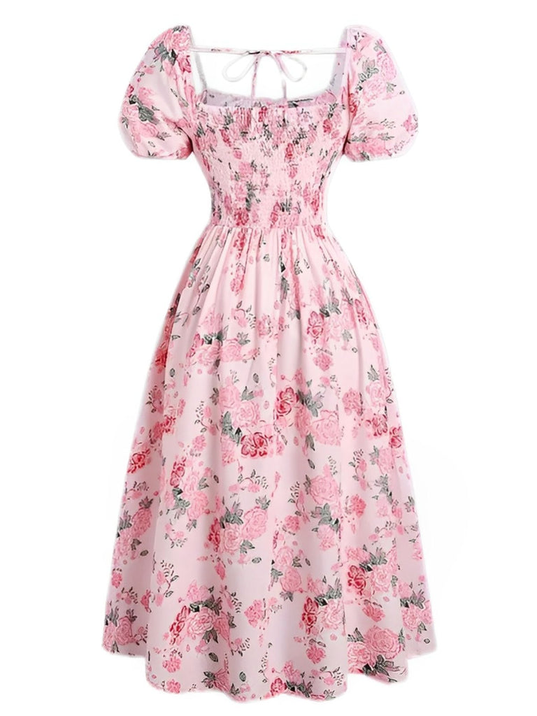 Pink 1950s Square Neck Floral Dress - vintage dress, retro fashion, rockabilly