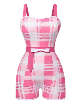 She's wearing Pink 1950s Strap Plaids Bow One-Piece Swimsuit and the whole beach remembers the 1950s