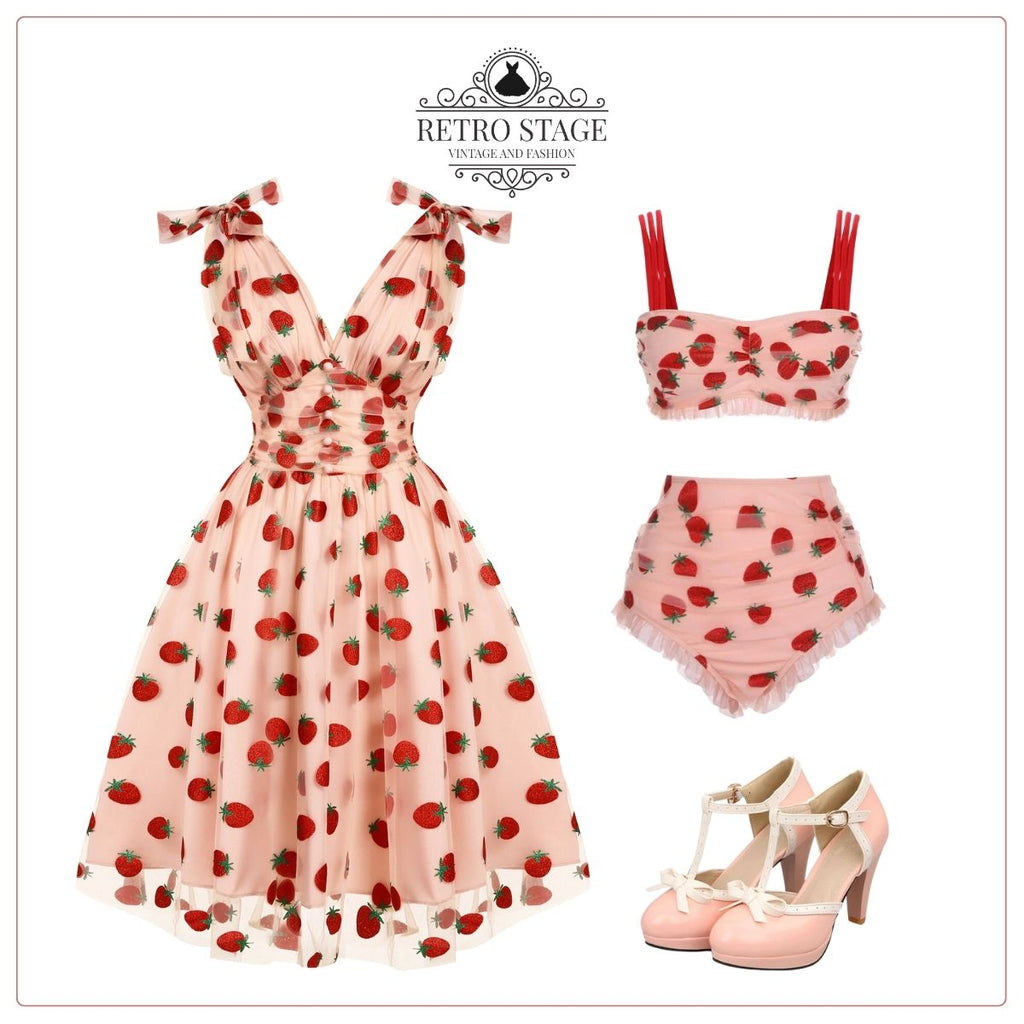 Pink 1950s Strawberry Mesh Swing Dress: timeless style reimagined
