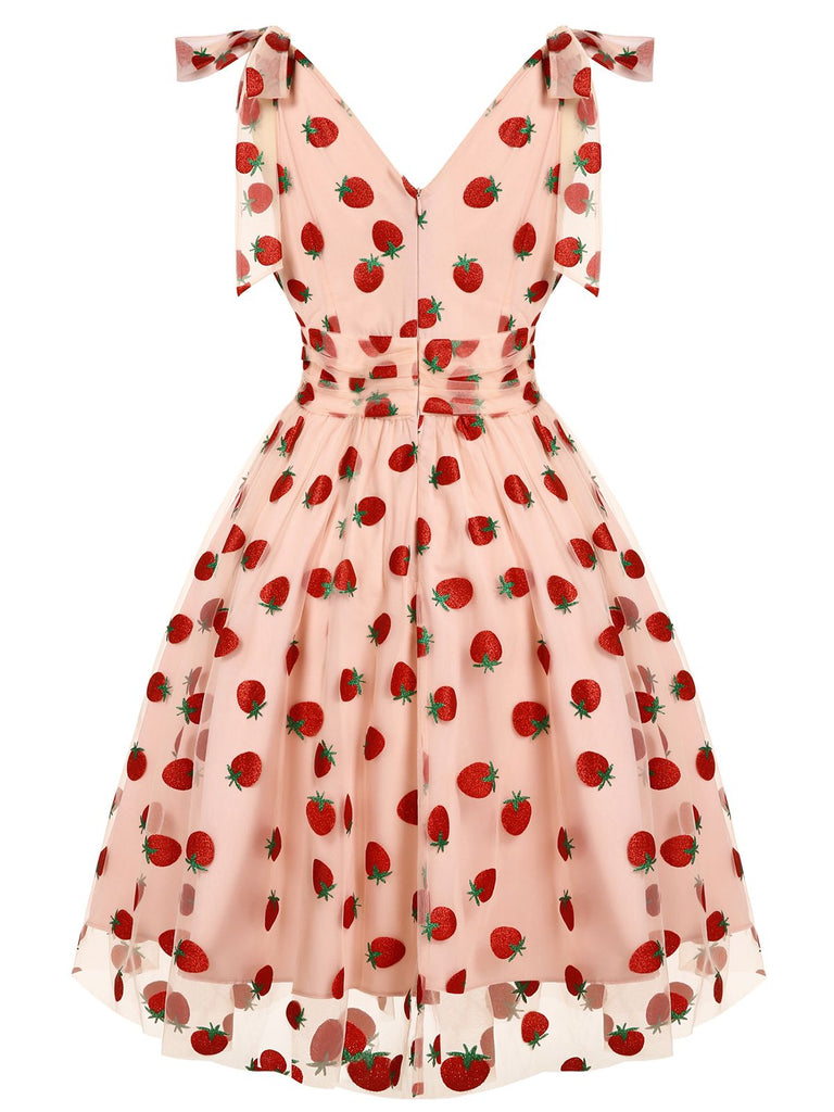 Pink 1950s Strawberry Mesh Swing Dress — the kind of 1950s dress that makes strangers smile
