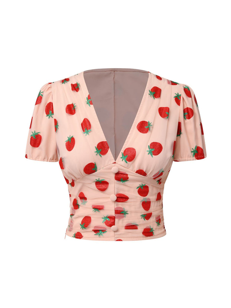 Pink 1950s Strawberry Mesh V-Neck Top, vintage top, retro blouse - perfect for women who love vintage and retro fashion