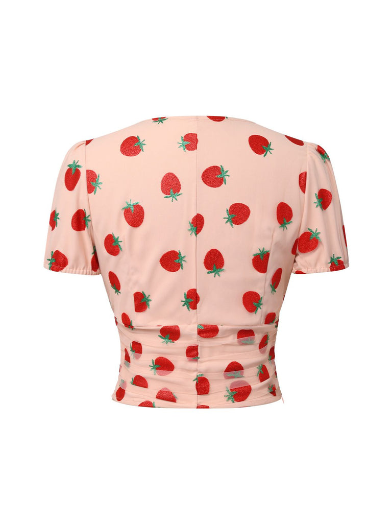 Pink 1950s Strawberry Mesh V-Neck Top, vintage top, retro blouse - perfect for women who love vintage and retro fashion
