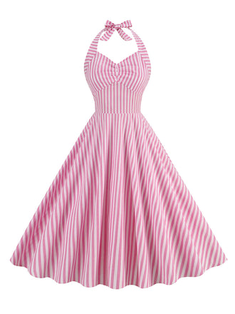 Pink 1950s Stripe Halter Swing Dress: timeless style reimagined