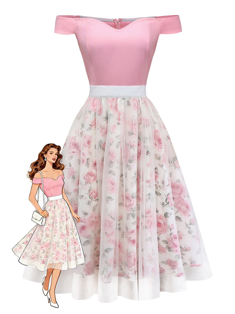 Pink 1950s Sweetheart Rose Mesh Off-Shoulder Dress - vintage dress, retro fashion, rockabilly
