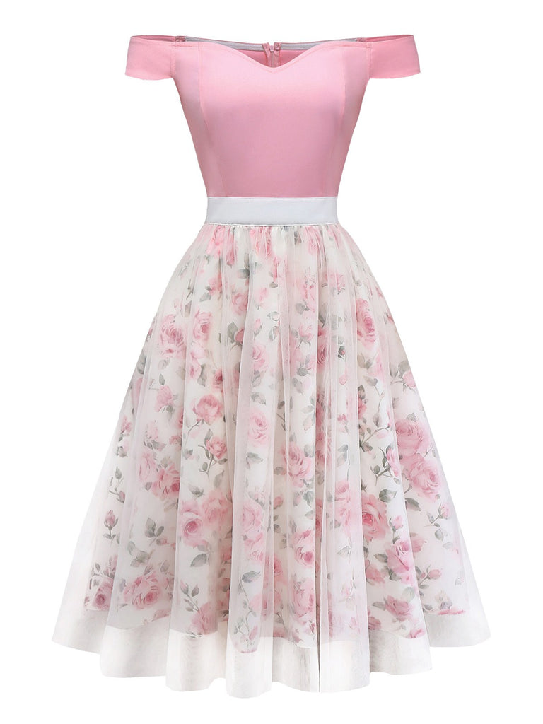 Pink 1950s Sweetheart Rose Mesh Off-Shoulder Dress - vintage dress, retro fashion, rockabilly