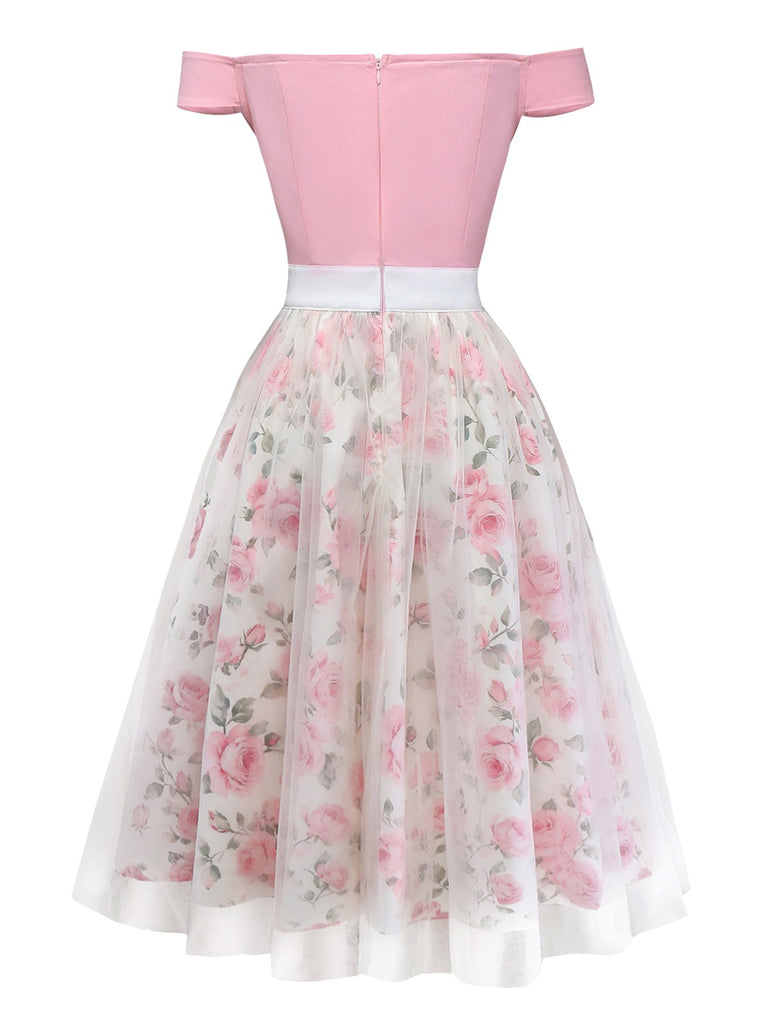Pink 1950s Sweetheart Rose Mesh Off-Shoulder Dress - vintage dress, retro fashion, rockabilly