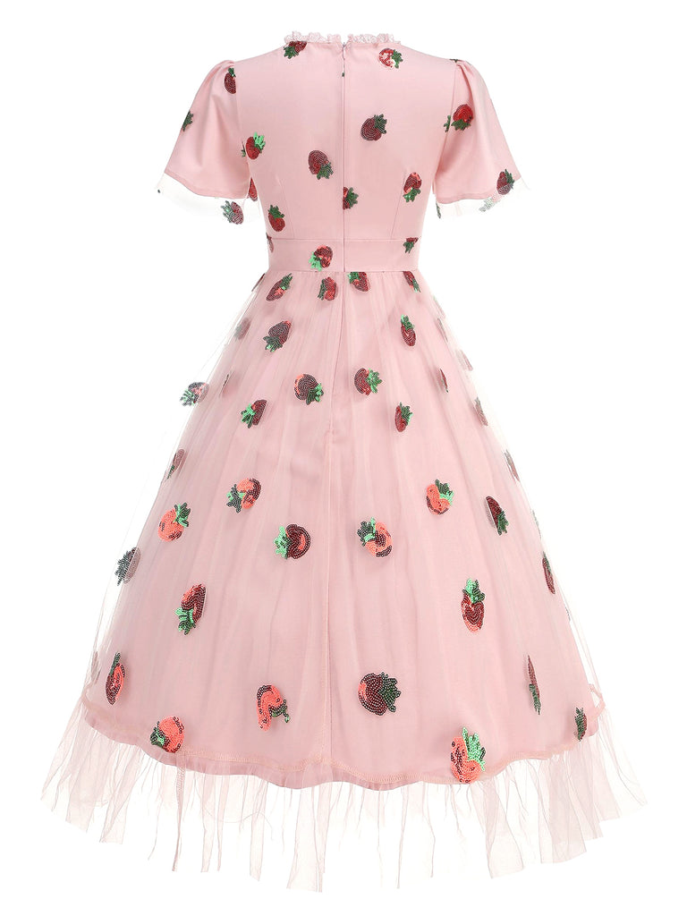 Pink 1950s V-Neck Strawberry Mesh Swing Dress: where 1950s romance meets her modern spirit