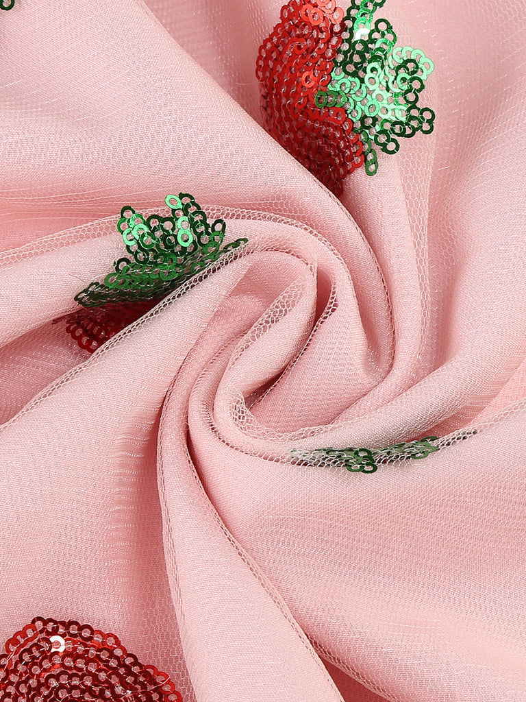 Pink 1950s V-Neck Strawberry Mesh Swing Dress — the kind of 1950s dress that makes strangers smile