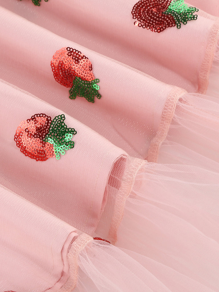 Pink 1950s V-Neck Strawberry Mesh Swing Dress — a 1950s silhouette that turns sidewalks into runways