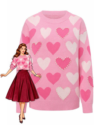 Pink 1950s Valentine's Day Heart Pearl Sweater - vintage fashion, retro style