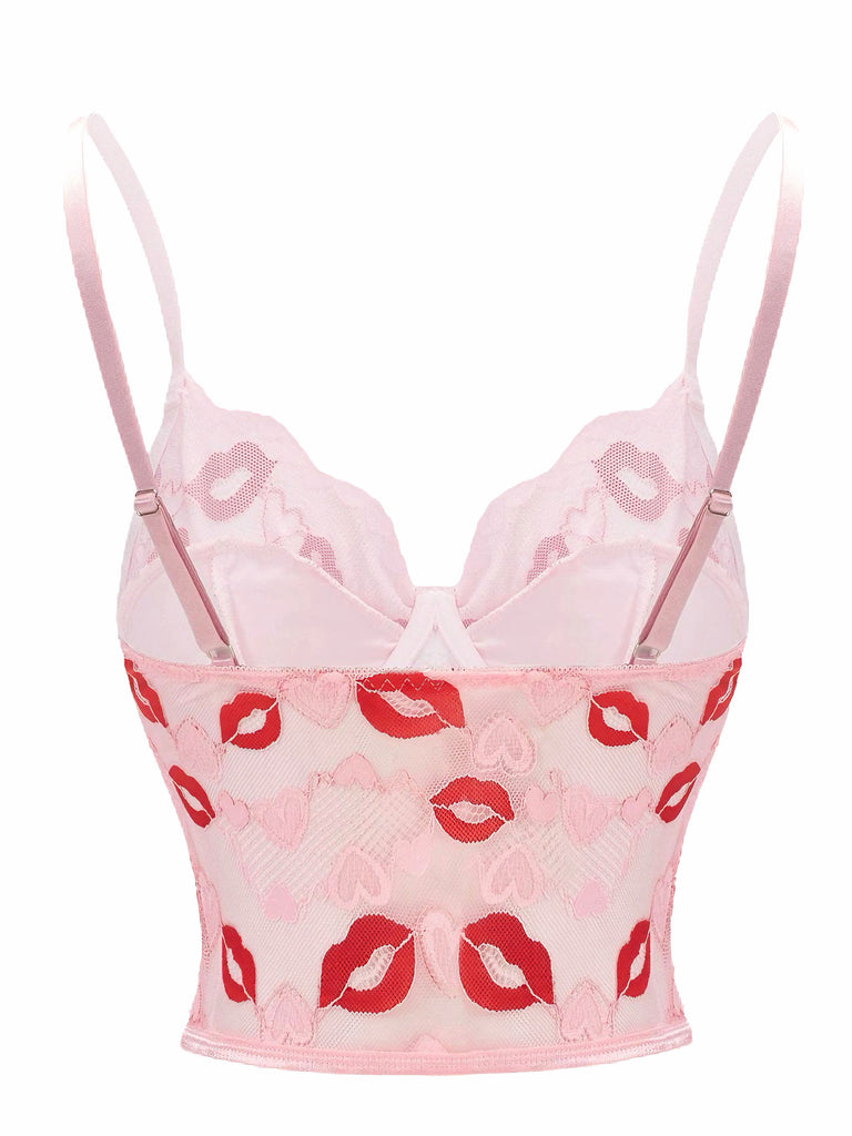 Pink 1950s Valentine's Day Kiss Print Lace Corset - vintage fashion, retro style