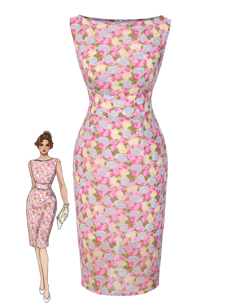Pink 1960s Boat Neck Floral Bodycon Dress - vintage dress, retro fashion