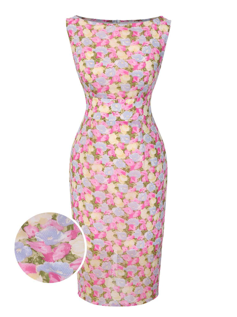 Pink 1960s Boat Neck Floral Bodycon Dress - vintage dress, retro fashion