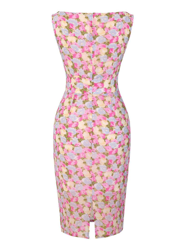 Pink 1960s Boat Neck Floral Bodycon Dress - vintage dress, retro fashion