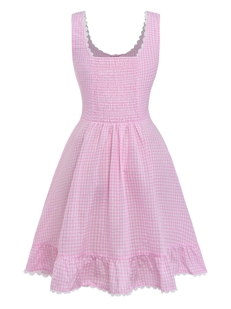 Pink 1960s Bow Lace Gingham Lace-up Dress | vintage dress, retro fashion, elegant style - perfect for retro fashion enthusiasts