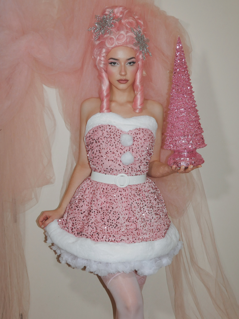 Pink 1960s Christmas Fur Sequin Strapless Dress - vintage dress, retro fashion
