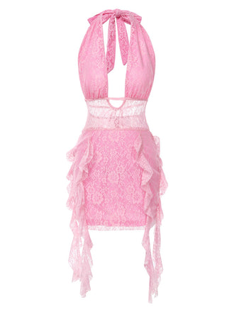 She slips into this Pink 1960s Deep-V Halter Floral Lace Dress and suddenly it's a 1960s daydream