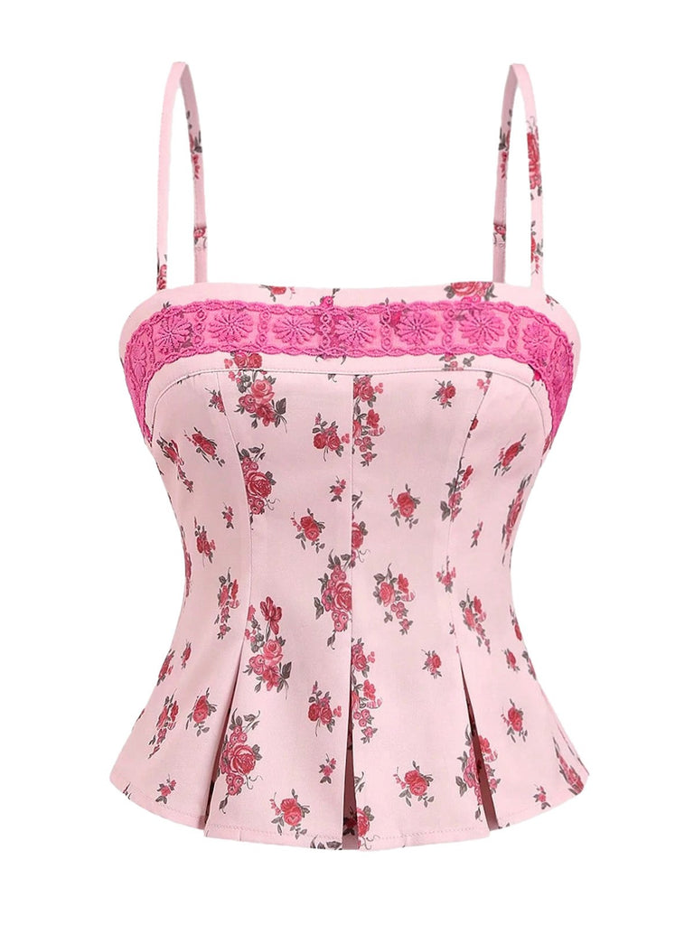 Pink 1960s Floral Lace Patchwork Pleated Camisole - vintage fashion, retro style