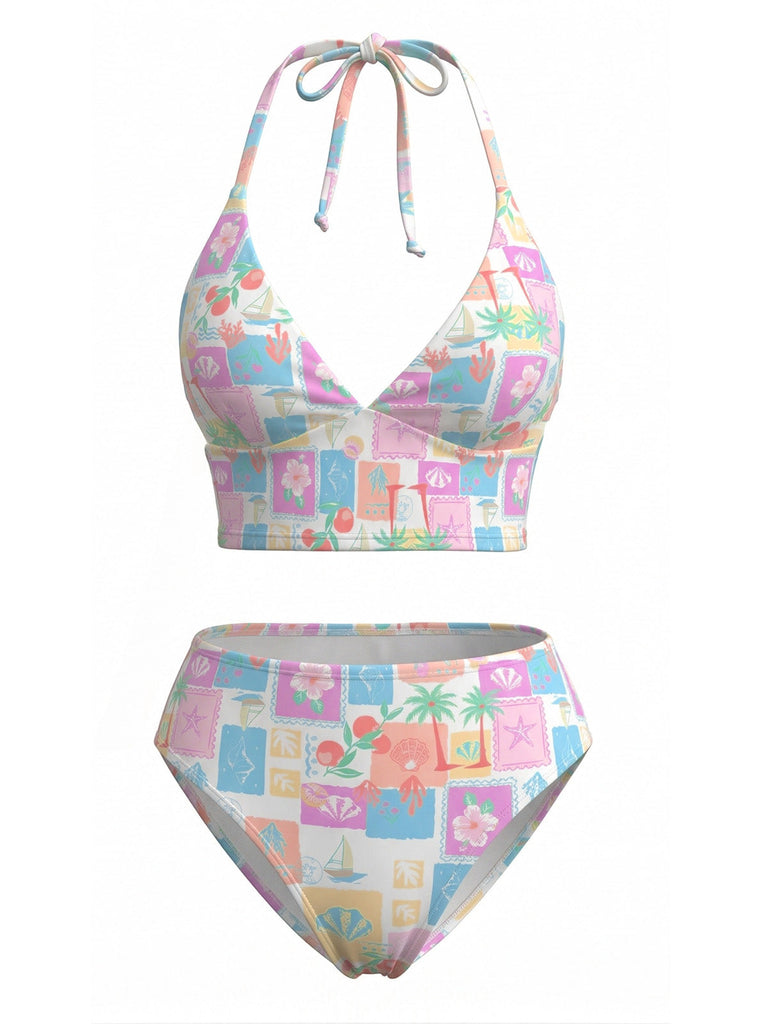 Pink 1960s Floral Plaid V-Neck Halter Bikini Set - vintage swimsuit, pin-up swimwear for vintage lovers
