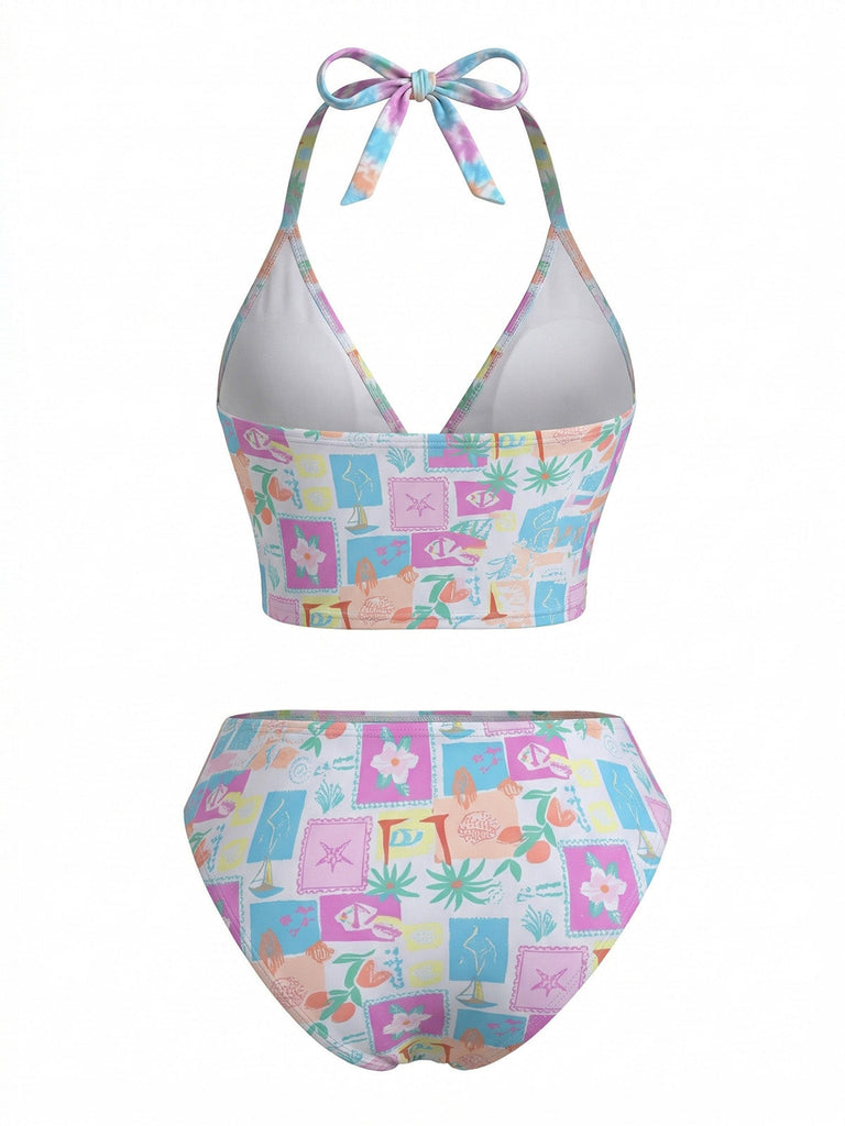Pink 1960s Floral Plaid V-Neck Halter Bikini Set - vintage swimsuit, pin-up swimwear for vintage lovers