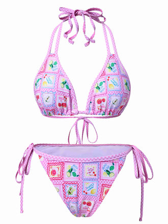 Pink 1960s Fruits Plaid Halter Bikini Set - vintage fashion, retro style