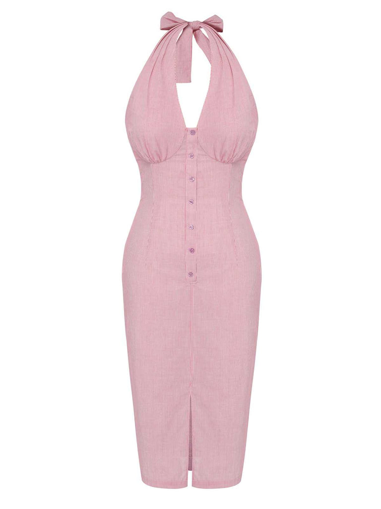 Pink 1960s Halter Stripes Slit Dress: where 1960s romance meets her modern spirit