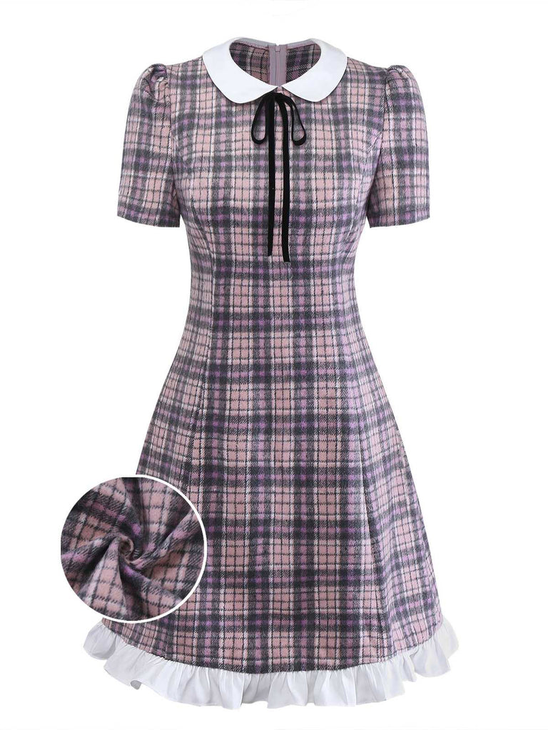 Pink 1960s Peter Pan Collar Plaid Ruffle Hem Dress - vintage dress, retro fashion