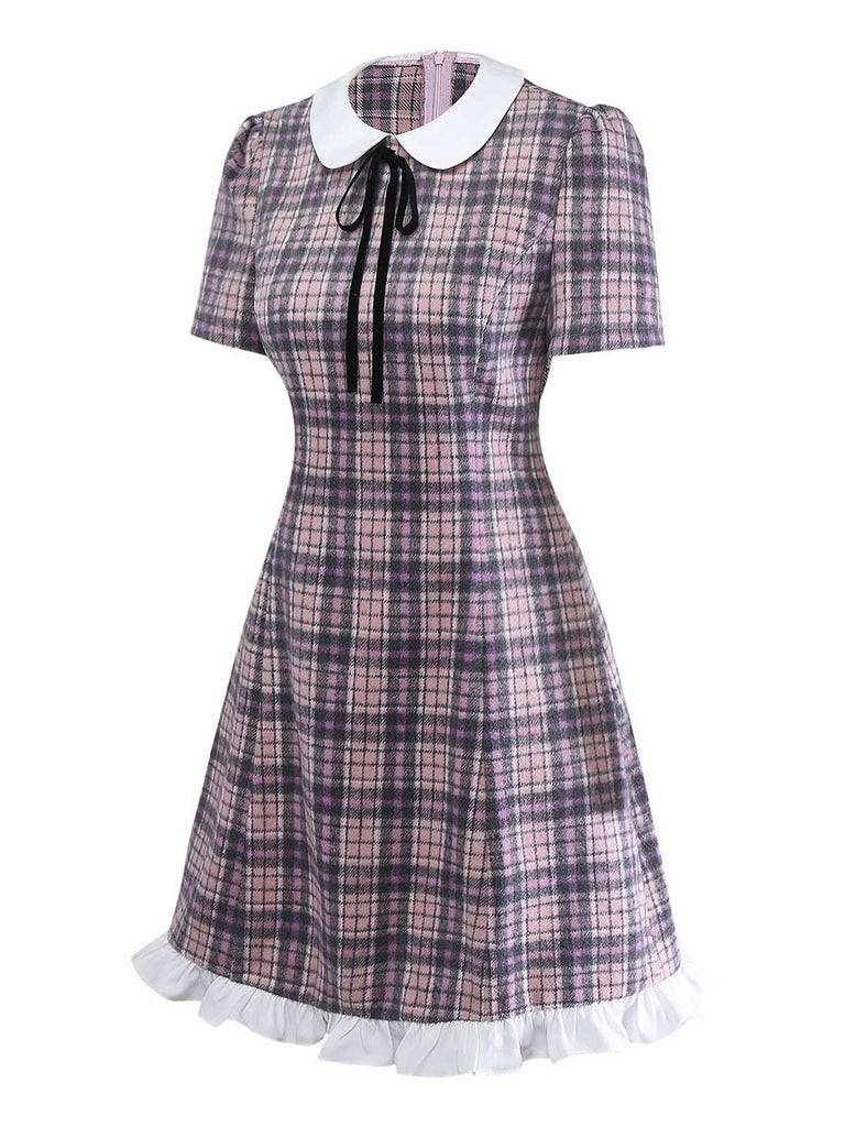 Pink 1960s Peter Pan Collar Plaid Ruffle Hem Dress - vintage dress, retro fashion