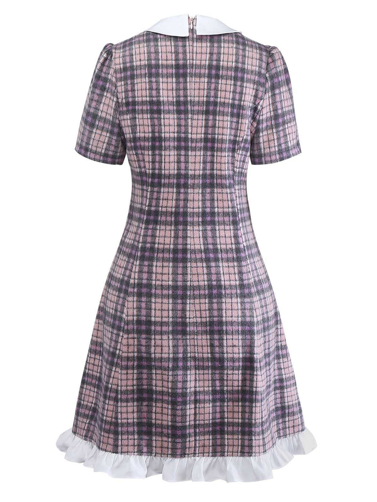 Pink 1960s Peter Pan Collar Plaid Ruffle Hem Dress - vintage dress, retro fashion