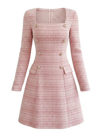 Pink 1960s Plaid Tweed Buttoned Square Neck Dress - vintage dress, retro fashion