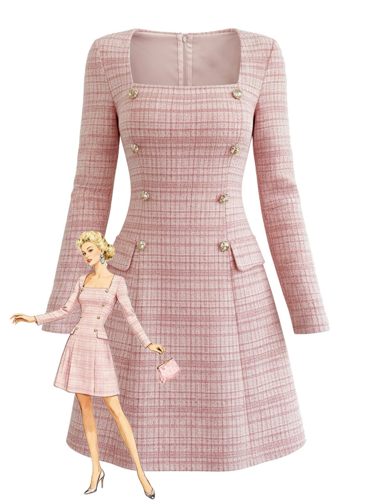Pink 1960s Plaid Tweed Buttoned Square Neck Dress - vintage dress, retro fashion