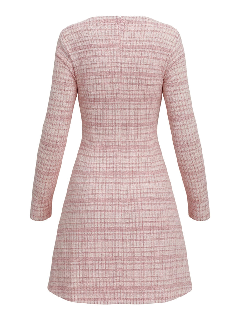 Pink 1960s Plaid Tweed Buttoned Square Neck Dress - vintage dress, retro fashion
