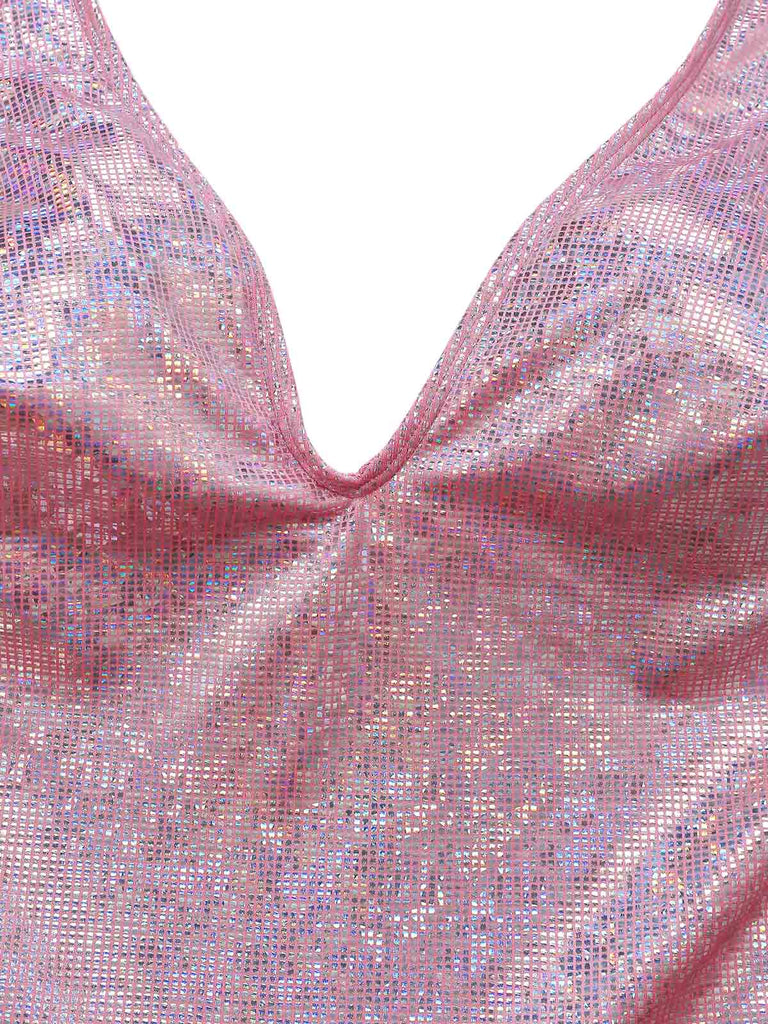Pink 1960s Sequin Metallic Halter Two Piece Skirt Set, vintage skirt, retro style - perfect for women who love vintage and retro fashion