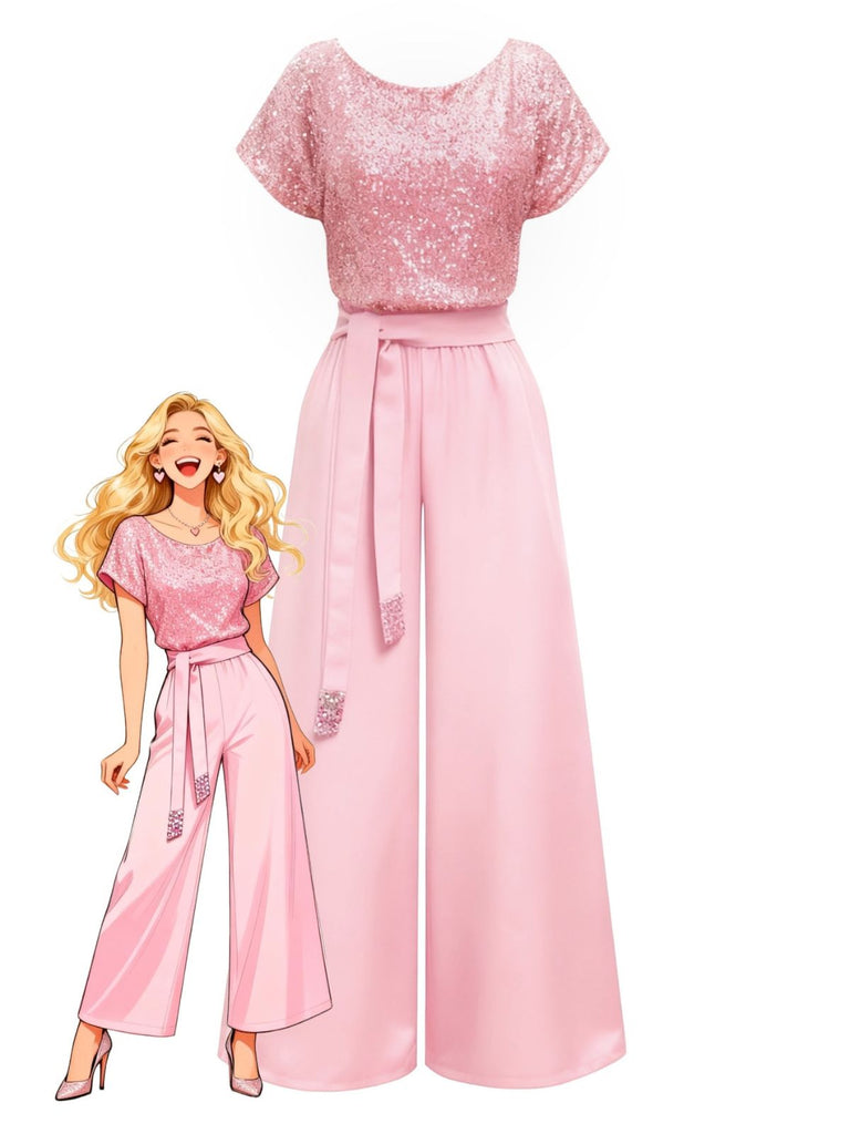 Pink 1960s Sequined Wide-Leg Jumpsuit - vintage jumpsuit, retro fashion