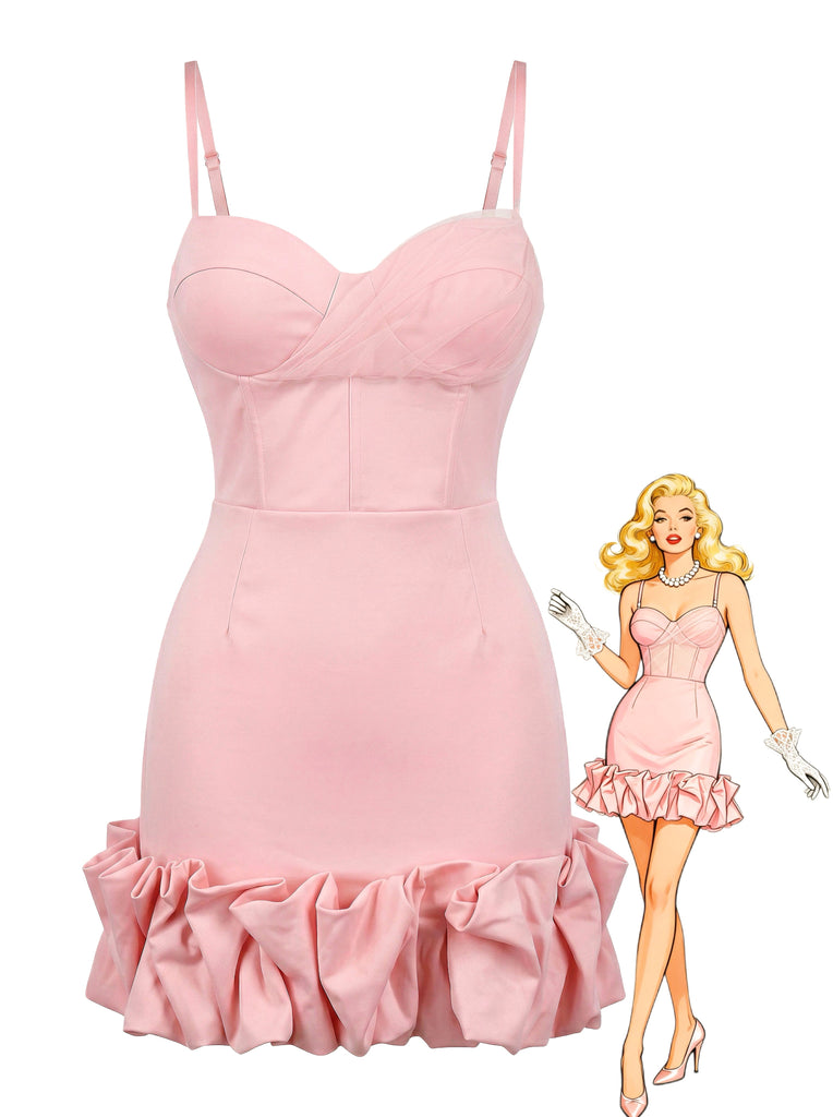 Pink 1960s Spaghetti Strap Ruffle Hem Dress - vintage dress, retro fashion for vintage lovers